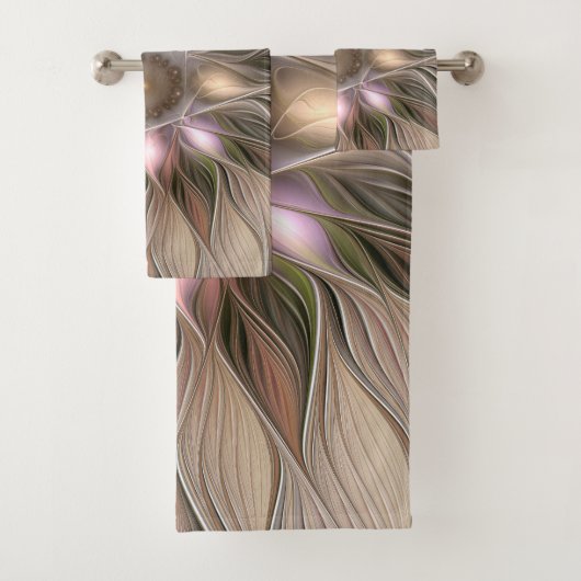 Joyful Flower Abstract Beige Brown Floral Fractal Bad Handdoek (Insitu)