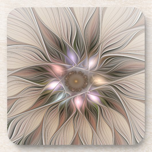 Joyful Flower Abstract Beige Brown Floral Fractal Bier Onderzetter (Voorkant)
