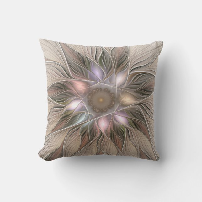 Joyful Flower Abstract Beige Brown Floral Fractal Buitenkussen (Voorkant)