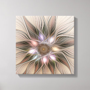 Joyful Flower Abstract Beige Brown Floral Fractal Canvas Afdruk