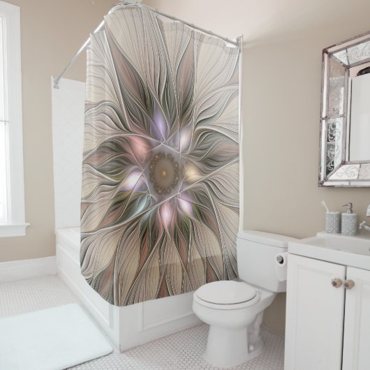 Joyful Flower Abstract Beige Brown Floral Fractal Douchegordijn (In situ)