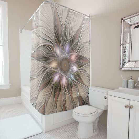 Joyful Flower Abstract Beige Brown Floral Fractal Douchegordijn (In situ)