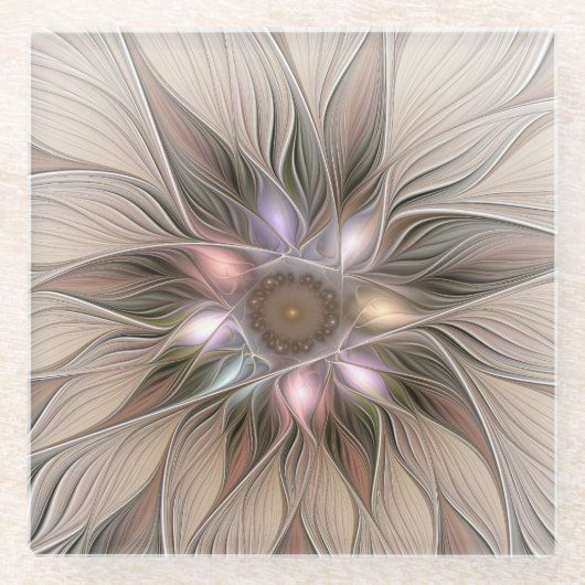Joyful Flower Abstract Beige Brown Floral Fractal Glazen Onderzetter (Voorkant)