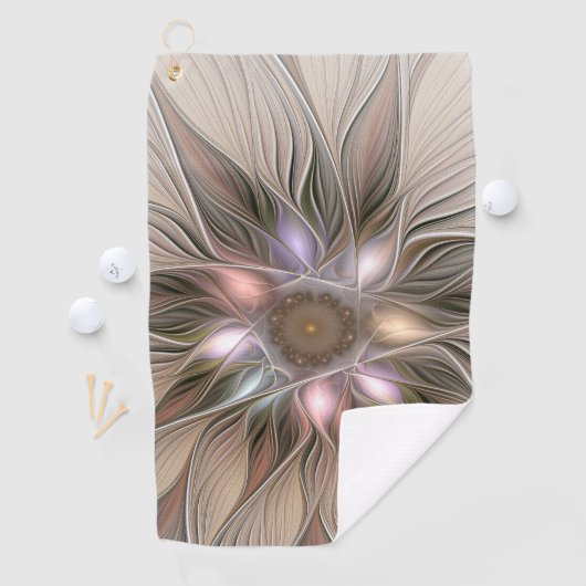 Joyful Flower Abstract Beige Brown Floral Fractal Golfhanddoek (Insitu)