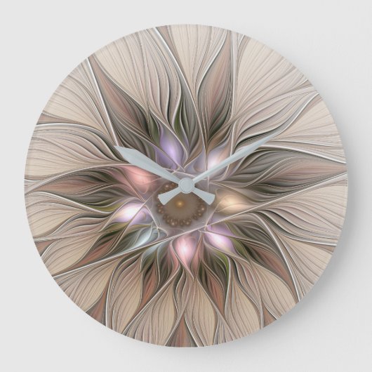 Joyful Flower Abstract Beige Brown Floral Fractal Grote Klok (Voorkant)