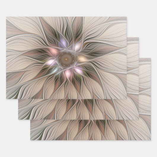 Joyful Flower Abstract Beige Brown Floral Fractal Inpakpapier Vel (Set)