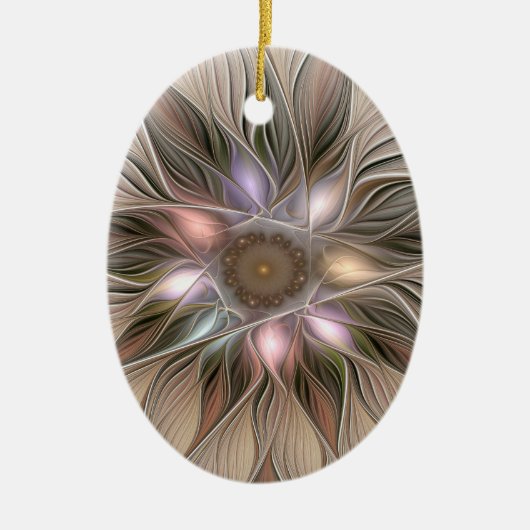 Joyful Flower Abstract Beige Brown Floral Fractal Keramisch Ornament (Voorkant)