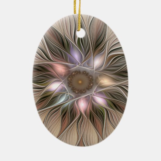 Joyful Flower Abstract Beige Brown Floral Fractal Keramisch Ornament (Achterkant)