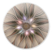 Joyful Flower Abstract Beige Brown Floral Fractal Keramische Knop (Voorkant)