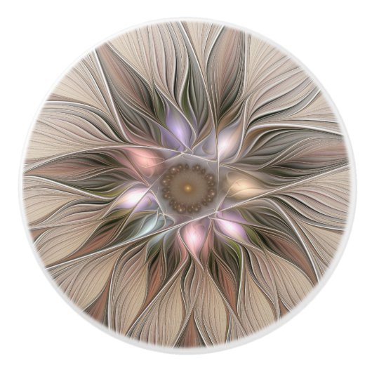Joyful Flower Abstract Beige Brown Floral Fractal Keramische Knop (Voorkant)