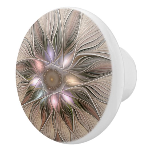 Joyful Flower Abstract Beige Brown Floral Fractal Keramische Knop (Rechts)