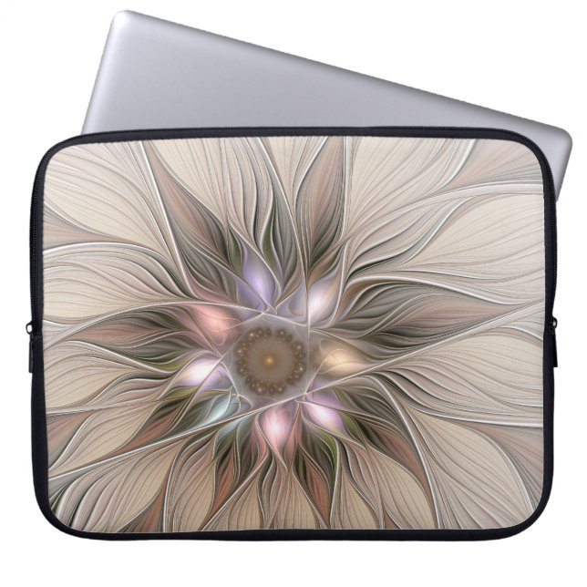 Joyful Flower Abstract Beige Brown Floral Fractal Laptop Sleeve (Voorkant)