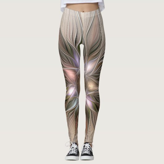 Joyful Flower Abstract Beige Brown Floral Fractal Leggings (Voorkant)