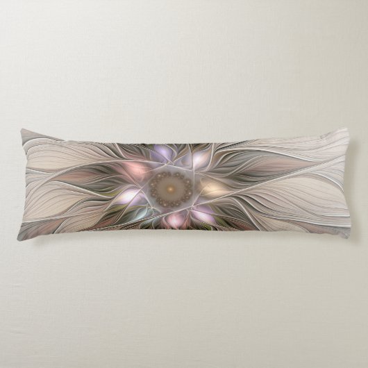 Joyful Flower Abstract Beige Brown Floral Fractal Lichaamskussen (Voorkant)