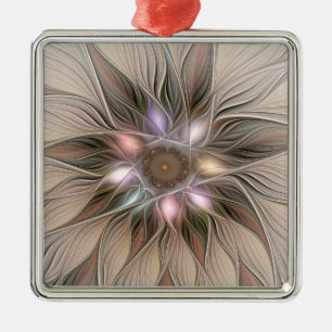 Joyful Flower Abstract Beige Brown Floral Fractal Metalen Ornament