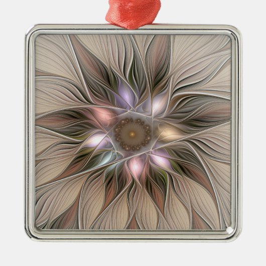 Joyful Flower Abstract Beige Brown Floral Fractal Metalen Ornament (Voorkant)