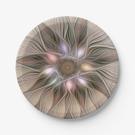Joyful Flower Abstract Beige Brown Floral Fractal Papieren Bordje (Voorkant)