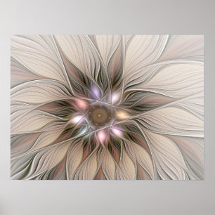 Joyful Flower Abstract Beige Brown Floral Fractal Poster