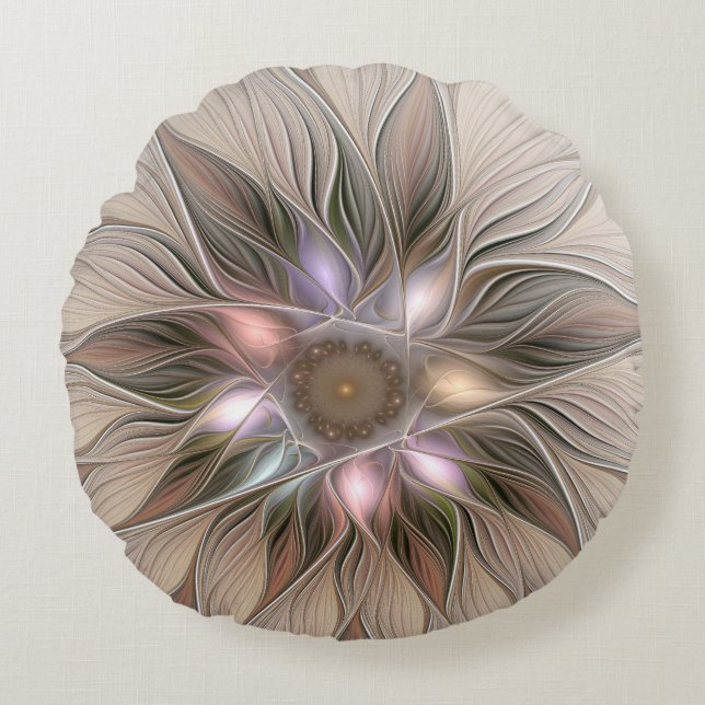 Joyful Flower Abstract Beige Brown Floral Fractal Rond Kussen (Voorkant)