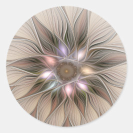 Joyful Flower Abstract Beige Brown Floral Fractal Ronde Sticker
