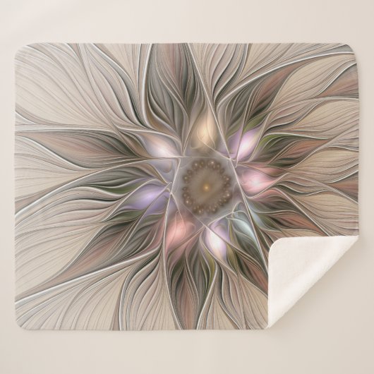 Joyful Flower Abstract Beige Brown Floral Fractal Sherpa Deken (Voorkant (horizontaal))