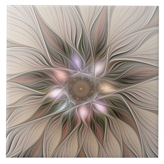Joyful Flower Abstract Beige Brown Floral Fractal Tegeltje (Voorkant)