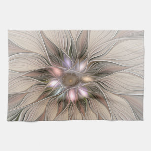 Joyful Flower Abstract Beige Brown Floral Fractal Theedoek