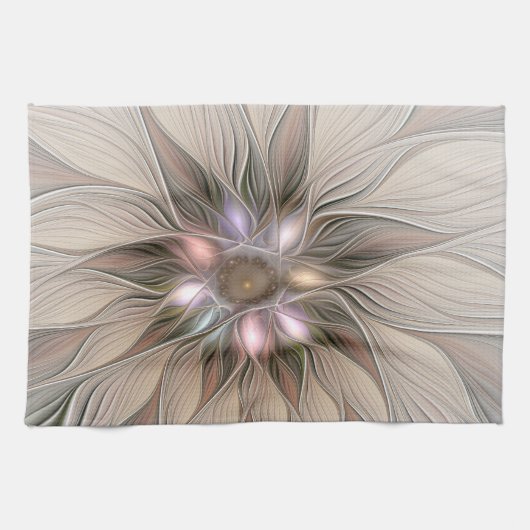 Joyful Flower Abstract Beige Brown Floral Fractal Theedoek (Horizontaal)