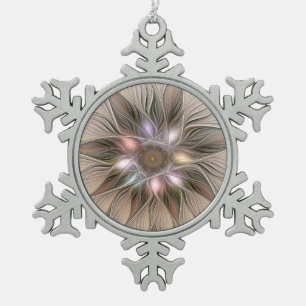 Joyful Flower Abstract Beige Brown Floral Fractal Tin Sneeuwvlok Ornament