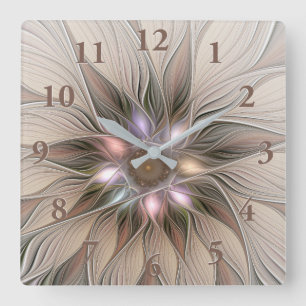 Joyful Flower Abstract Beige Brown Floral Fractal Vierkante Klok