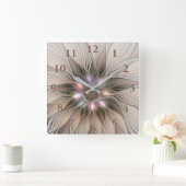 Joyful Flower Abstract Beige Brown Floral Fractal Vierkante Klok (Huis)
