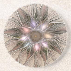Joyful Flower Abstract Beige Brown Floral Fractal Zandsteen Onderzetter