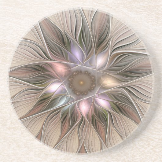 Joyful Flower Abstract Beige Brown Floral Fractal Zandsteen Onderzetter (Voorkant)
