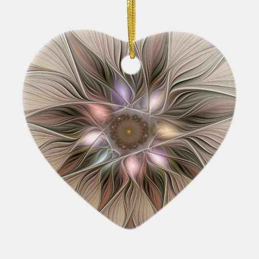 Joyful Flower Abstract Beige Brown Fractal Heart Keramisch Ornament (Voorkant)