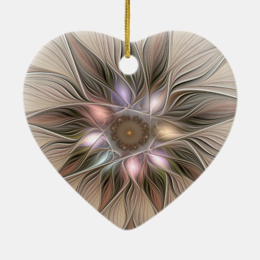 Joyful Flower Abstract Beige Brown Fractal Heart Keramisch Ornament (Achterkant)
