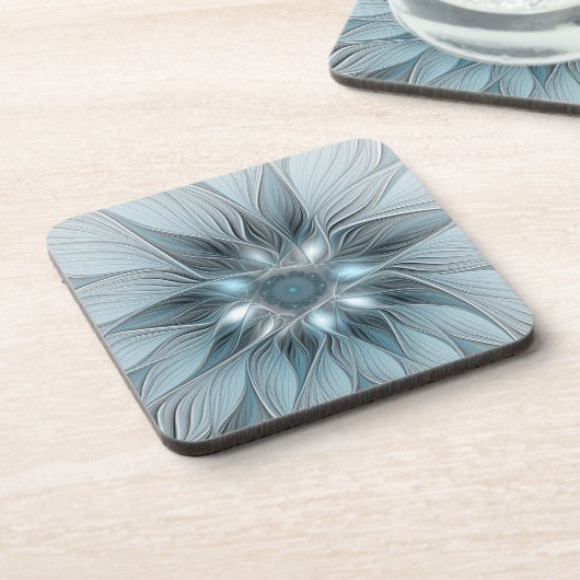 Joyful Flower Abstract Blue Gray Floral Fractal Bier Onderzetter (Linkerzijde)