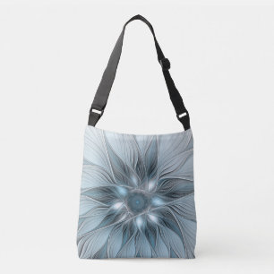 Joyful Flower Abstract Blue Gray Floral Fractal Crossbody Tas