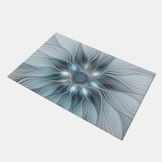 Joyful Flower Abstract Blue Gray Floral Fractal Deurmat (Schuin)