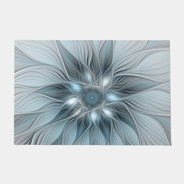 Joyful Flower Abstract Blue Gray Floral Fractal Deurmat (Voorkant)