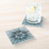 Joyful Flower Abstract Blue Gray Floral Fractal Glazen Onderzetter (Schuin)