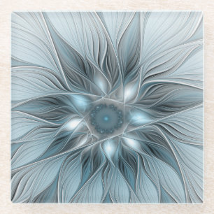Joyful Flower Abstract Blue Gray Floral Fractal Glazen Onderzetter