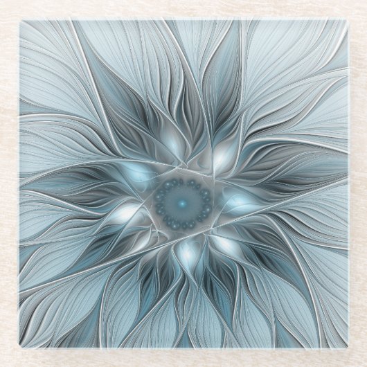 Joyful Flower Abstract Blue Gray Floral Fractal Glazen Onderzetter (Voorkant)
