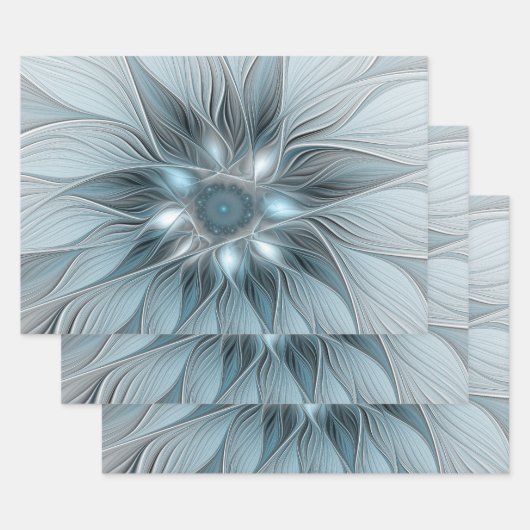 Joyful Flower Abstract Blue Gray Floral Fractal Inpakpapier Vel (Set)