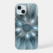 Joyful Flower Abstract Blue Gray Floral Fractal iPhone 15 Case (Achterkant)
