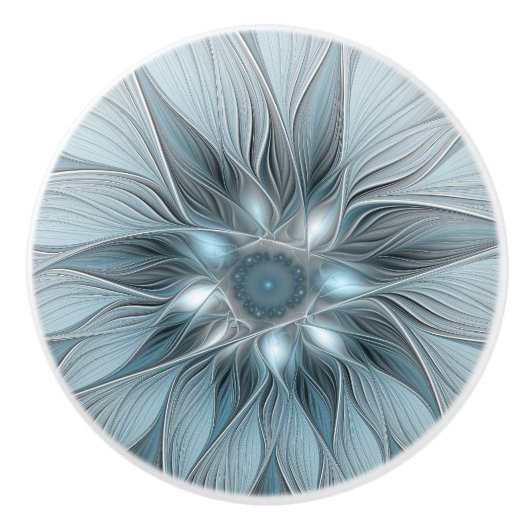 Joyful Flower Abstract Blue Gray Floral Fractal Keramische Knop (Voorkant)