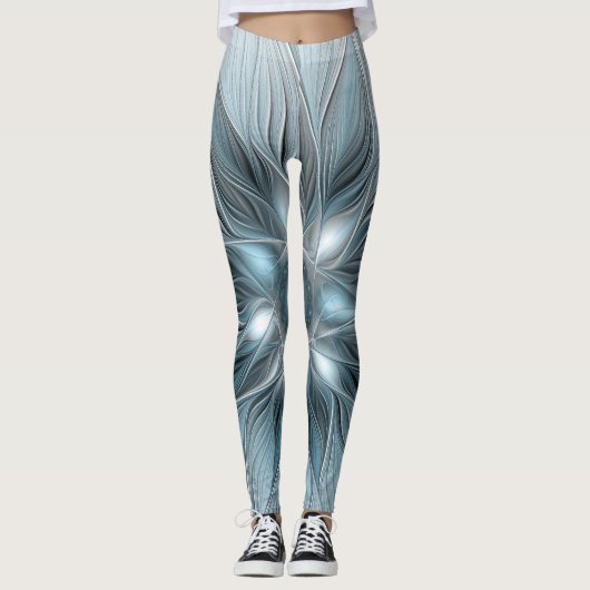 Joyful Flower Abstract Blue Gray Floral Fractal Leggings (Voorkant)
