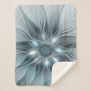 Joyful Flower Abstract Blue Gray Floral Fractal Sherpa Deken