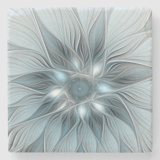 Joyful Flower Abstract Blue Gray Floral Fractal Stenen Onderzetter (Voorkant)