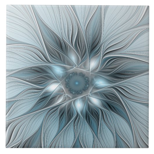 Joyful Flower Abstract Blue Gray Floral Fractal Tegeltje (Voorkant)