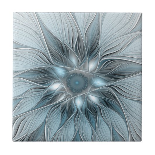 Joyful Flower Abstract Blue Gray Floral Fractal Tegeltje (Voorkant)